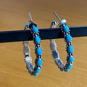 Vintage Turquoise Sterling Silver Hoop Earrings 925 Philippines Artisan